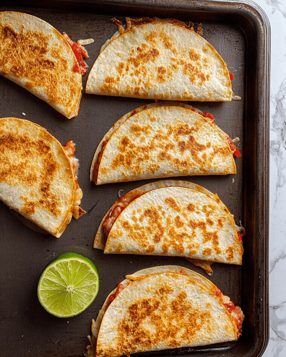 Five golden brown folded quesadillas with slightly bubbly, toasted tortillas sit on a dark baking tray, arranged in a spread-out pattern. Each quesadilla is filled with visible melted cheese and bits of red filling peeking out from the sides. A half lime with bright green flesh rests near the edge of the tray. The tray is placed on a white marbled textured surface. photo taken with an iphone --ar 4:5 --v 7