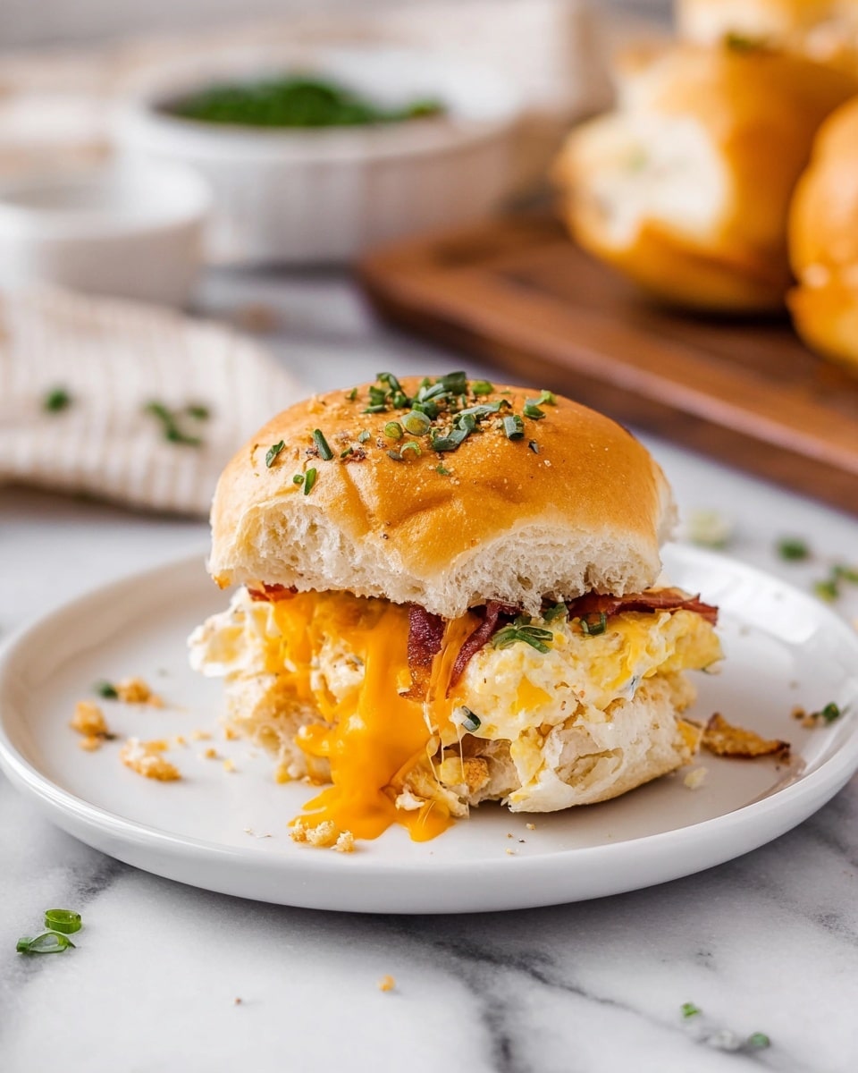 A small sandwich sits on a white plate, with a soft golden bun on top, sprinkled with small green herbs and crumbs. Inside, there is a thick layer of light-colored egg mixed with bits of bacon and green herbs, topped with a bright orange melted cheese that drips down the side. The sandwich rests on a white marbled surface, with a few green herb pieces scattered around. In the background, there is a blurred white bowl with green herbs and another sandwich on a wooden board. photo taken with an iphone --ar 4:5 --v 7