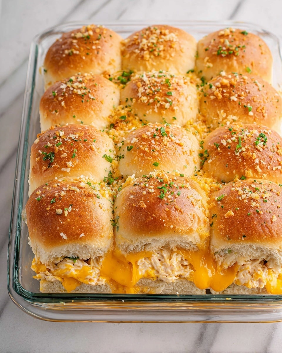 A glass baking dish holds a set of 12 golden brown dinner rolls, arranged in three rows of four. Each soft roll has a lightly textured, slightly crunchy top sprinkled with finely grated cheese and small bits of green herbs. Between the top and bottom halves of the rolls, there is a thick layer of creamy chicken salad with visible shredded chicken and chopped herbs. On top of the chicken salad, bright orange melted cheddar cheese drips down gently, adding a rich, gooey texture. The dish sits on a white marbled surface. photo taken with an iphone --ar 4:5 --v 7