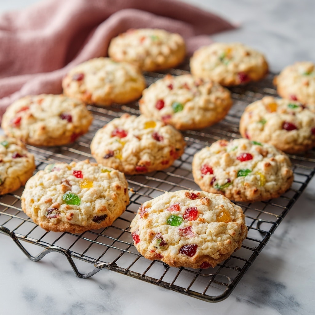 The image shows a cooling rack with nine freshly baked cookies placed in rows on a white marbled surface. Each cookie is thick and textured with a golden-brown base. The cookies have bright red, green, and yellow candied fruit pieces on top, embedded within the dough along with small brown nut pieces, creating a colorful and textured look. To the left side, there is a soft pink cloth adding a warm contrast to the setting. The scene is lit softly, highlighting the shiny and slightly glossy candied fruit against the crumbly cookie surface. photo taken with an iphone --ar 4:5 --v 7
