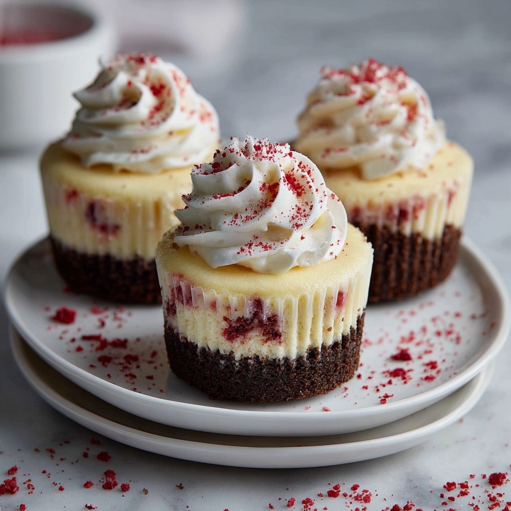 The image shows small cheesecake cupcakes with three layers: the bottom layer is a dark, crumbly chocolate crust; the middle layer is thick, creamy white cheesecake with small red bits mixed inside; the top layer is a swirl of soft white whipped cream, slightly sprinkled with red crumbs. The cupcakes are on three stacked white plates, all set on a white marbled surface with red crumbs scattered around. Photo taken with an iphone --ar 4:5 --v 7