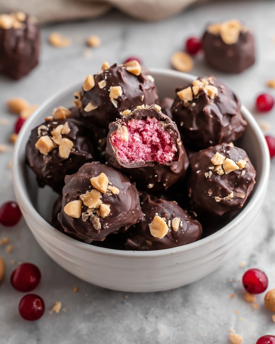 A white bowl filled with many round chocolate truffles, each coated in a rough dark chocolate shell with bits of crushed nuts on top; one truffle is bitten in half, showing a vibrant bright pink, smooth and creamy center inside. The bowl sits on a white marbled textured surface. photo taken with an iphone --ar 4:5 --v 7