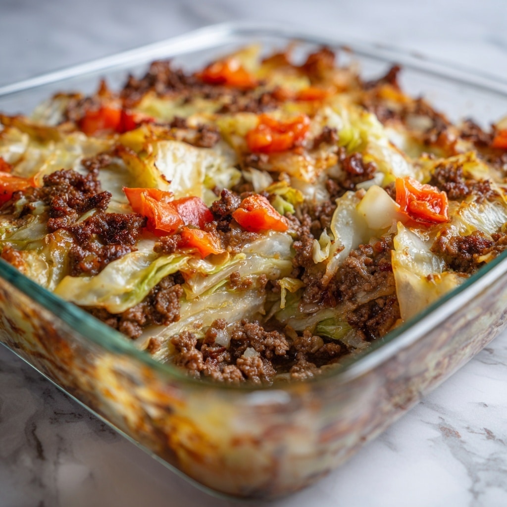 The image shows a close-up of a glass baking dish filled with a layered casserole. The bottom layer appears to be a rich, brown minced meat mixed well, visible along the sides and under the other layers. Above the meat, there are chunks of translucent cooked cabbage with a slightly golden tint from roasting. Scattered irregularly on top are small, soft pieces of orange-red cooked bell peppers or tomatoes, adding bright color contrast to the browns and yellows. The textures vary from the soft, flaky cabbage to the crumbly meat, all contained within the clear glass dish sitting on a white marbled surface. photo taken with an iphone --ar 4:5 --v 7