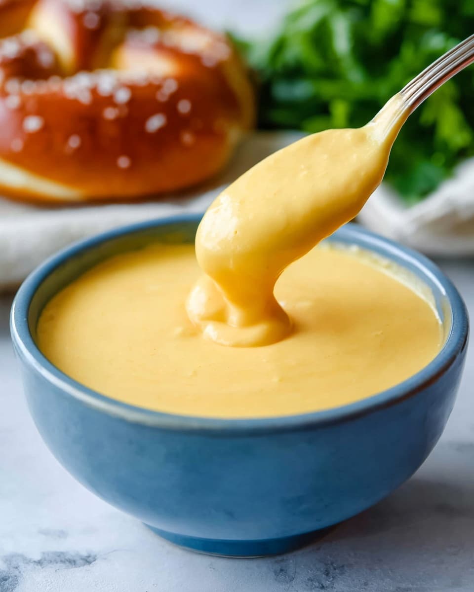 A close-up of a blue bowl filled with smooth, thick, yellow cheese sauce, with a spoon lifting some sauce creating a slow drip back into the bowl. The sauce has a creamy texture with a glossy finish. In the blurred background, there is a soft pretzel with a golden brown crust and coarse salt crystals, and some fresh green leafy herbs on a white marbled texture surface. photo taken with an iphone --ar 4:5 --v 7