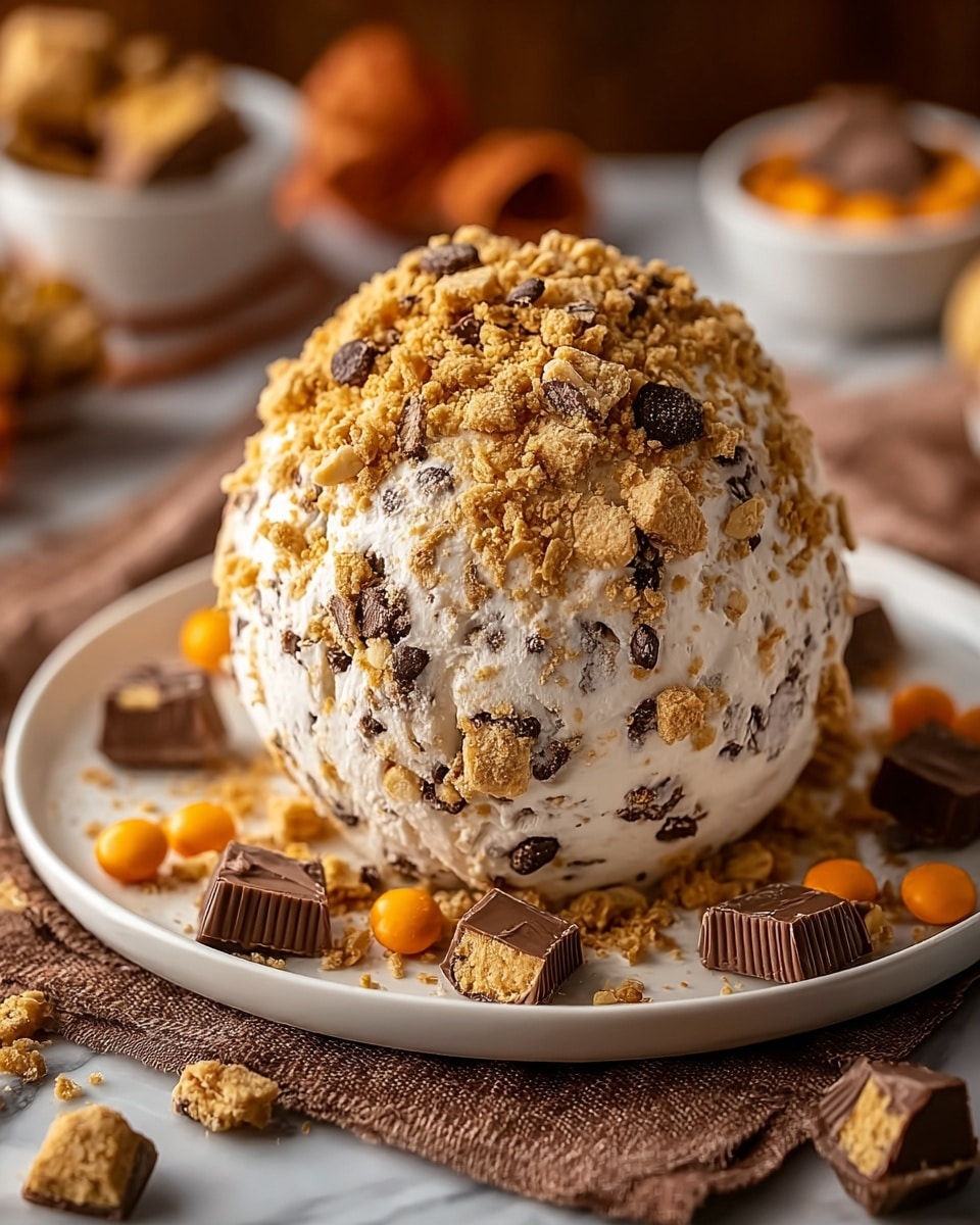 A round dessert ball sits on a white plate on a textured brown cloth. The ball has three main layers: the base is creamy white ice cream mixed with chocolate chunks and cookie crumbs, the middle is a similar creamy texture with more embedded chocolate pieces and crumbs, and the outside is covered with a thick crumbly layer of crushed golden cookies mixed with chocolate chips, small chocolate squares, and round orange candy pieces. Around the dessert on the plate are larger chunks of peanut butter cups, cookie crumbs, and orange candies. The background has a soft focus with warm brown tones and some blurred elements. The whole scene is set on a white marbled surface. Photo taken with an iphone --ar 4:5 --v 7