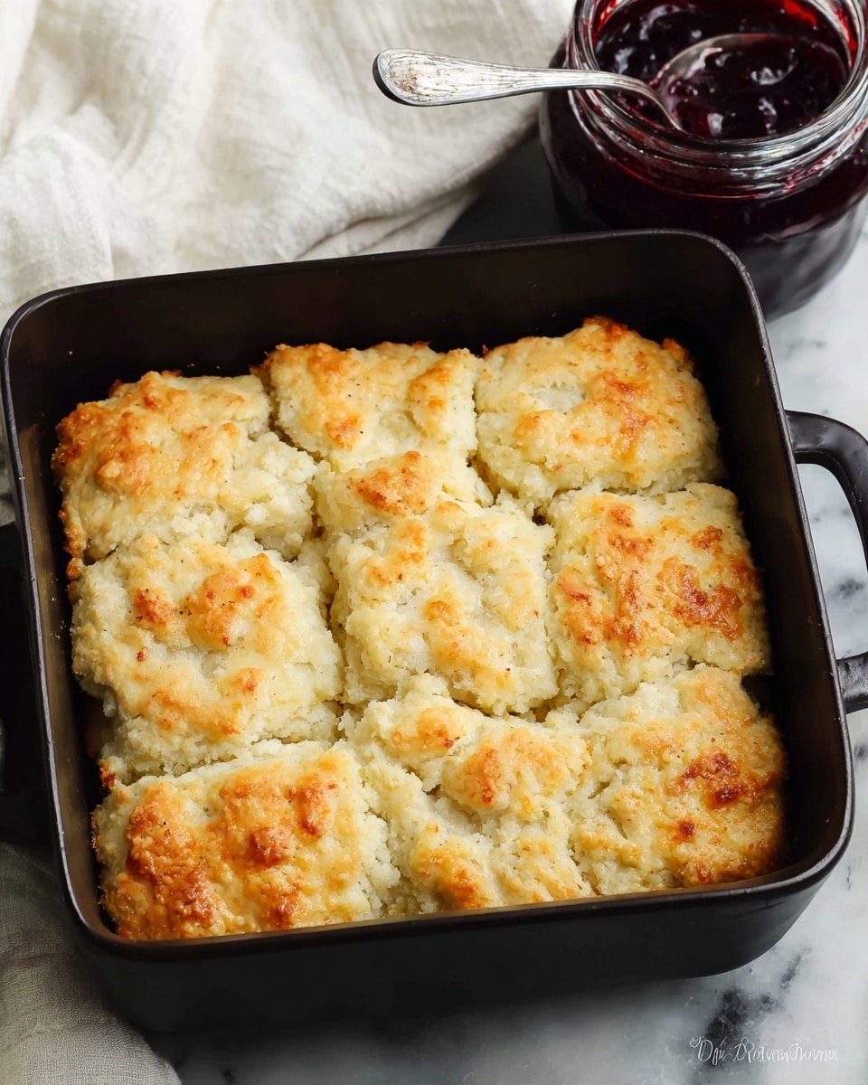 A square black baking dish contains a golden-brown biscuit topping divided into four uneven sections, showcasing a soft, flaky texture with some lighter and darker browned spots on top. The baking dish is set against a background of a white cloth and a jar of dark red jam with a metal spoon inside it. The setting rests on a surface with a white marbled texture. photo taken with an iphone --ar 4:5 --v 7