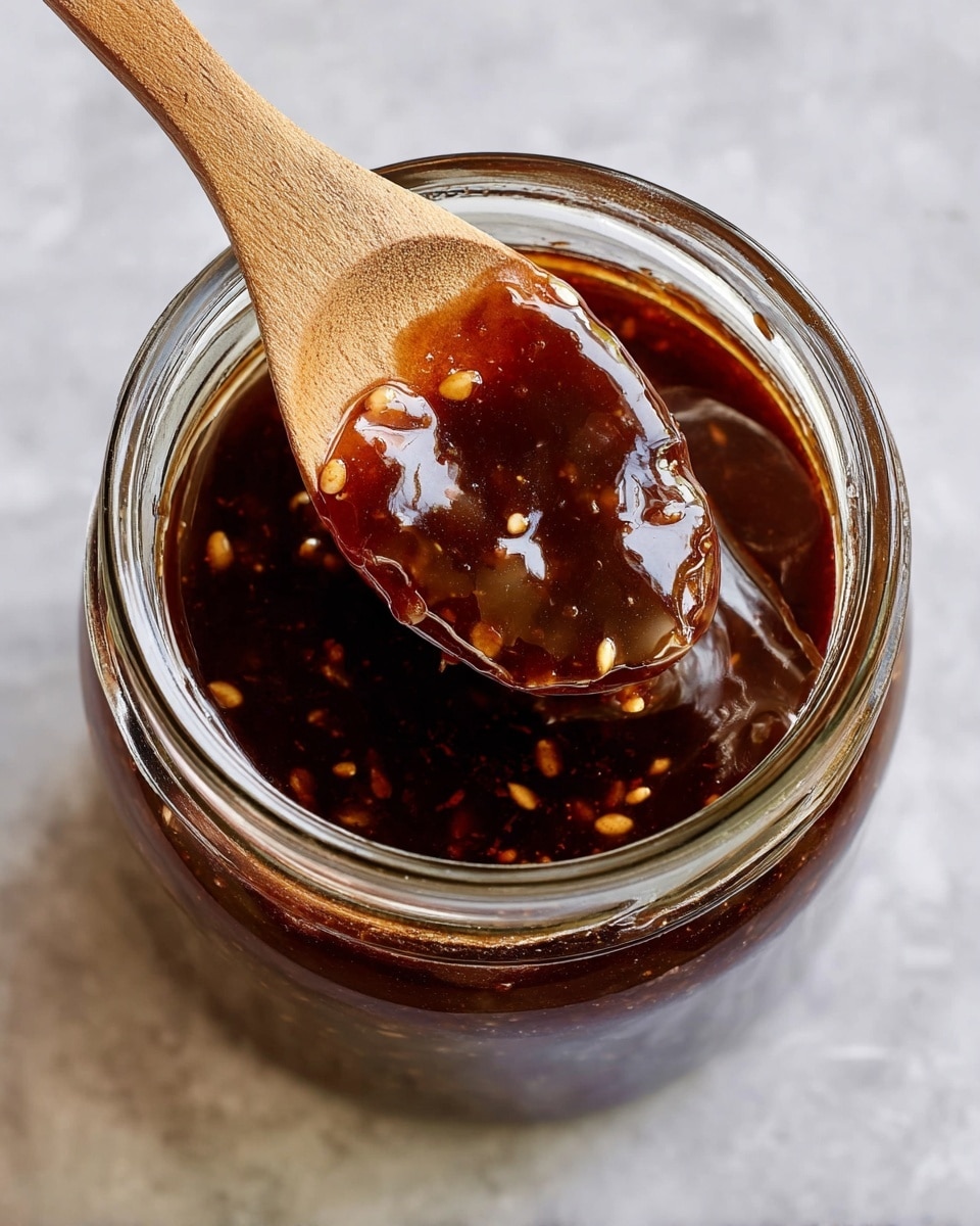 A close-up top view of a clear glass jar filled with thick dark brown sauce mixed with small light tan bits, a wooden spoon scooping some sauce out showing its glossy, smooth, and slightly chunky texture, all set on a white marbled surface. photo taken with an iphone --ar 4:5 --v 7
