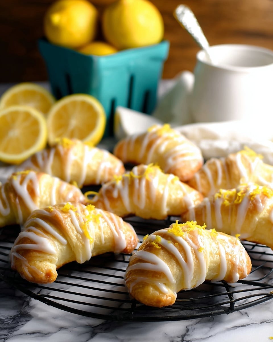 The image shows eight crescent-shaped pastries with a light golden brown color, arranged on a black wire cooling rack. Each pastry is drizzled with white icing that forms irregular thin lines on the top, and they are sprinkled with small pieces of bright yellow lemon zest. In the background, there is a white bowl with a white spoon and a white towel, sitting on a surface with a white marbled texture. To the left, a teal container holds several whole lemons, one of which is cut in half showing its juicy yellow interior. The lighting highlights the shiny glaze on the pastries and gives a warm feeling to the scene. photo taken with an iphone --ar 4:5 --v 7