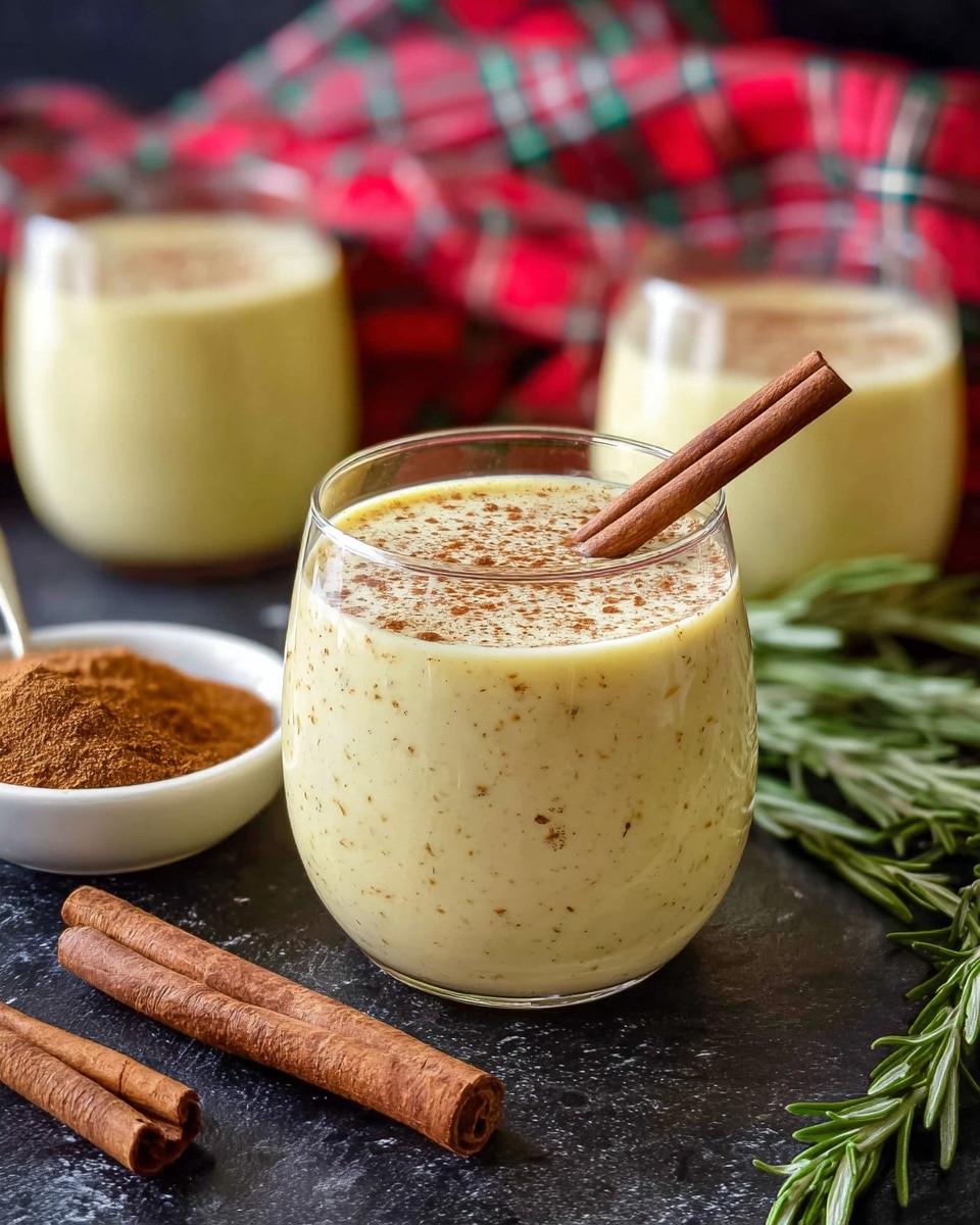 A clear glass filled with creamy light yellow eggnog, speckled lightly with grated nutmeg, topped with a small cinnamon stick resting at an angle inside the glass. Two more glasses of the same drink are placed slightly blurred in the background. The setup includes two cinnamon sticks on the dark surface near the glass, and a small white bowl filled with ground cinnamon next to a red and green plaid cloth. Fresh rosemary sprigs lay behind the main glass on the white marbled texture. photo taken with an iphone --ar 4:5 --v 7