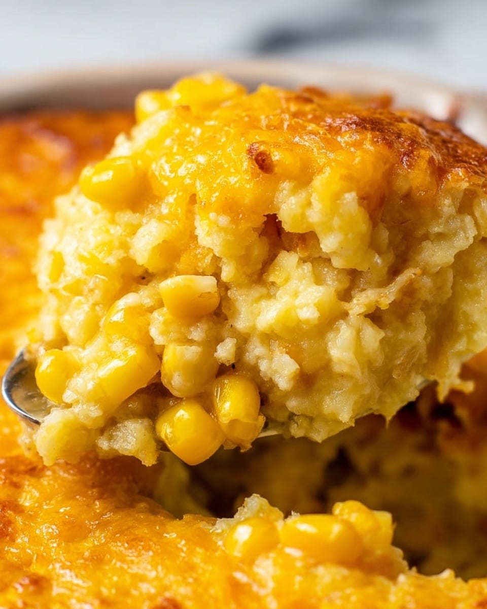 A close-up image of a mound of creamy, yellow corn pudding with visible whole corn kernels mixed throughout, showing a soft, slightly crumbly texture, placed on a white plate. A fork with a black and silver handle is inserted into the top layer, slightly breaking the smooth and moist surface of the dish. The background is a white marbled texture that softly contrasts with the warm yellow tones of the corn pudding, emphasizing its rich and thick consistency. photo taken with an iphone --ar 4:5 --v 7