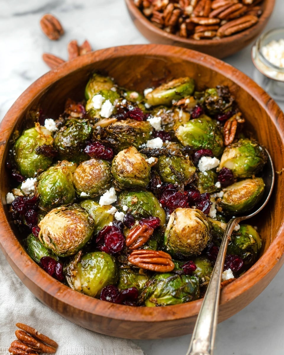 A wooden bowl filled with roasted Brussels sprouts that are green with browned, crispy edges, mixed with whole and halved pecans which are reddish-brown and smooth, scattered dried cranberries that are dark red and wrinkled, and small chunks of white goat cheese spread evenly throughout, adding a soft texture contrast. A silver spoon rests on the side inside the bowl. The bowl sits on a white marbled surface. photo taken with an iphone --ar 4:5 --v 7