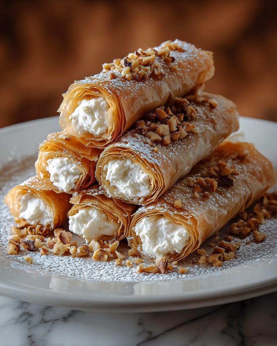 A stack of five golden-brown, crispy phyllo rolls filled with white creamy cheese and small chopped nuts inside, each roll showing multiple thin flaky layers with a shiny, slightly oily texture on the outside. The rolls are sprinkled with powdered sugar and more chopped nuts on top and around them. They are placed in a loose pyramid shape on a white plate with a smooth matte finish. The plate sits on a white marbled surface with a blurred warm brown background. photo taken with an iphone --ar 4:5 --v 7