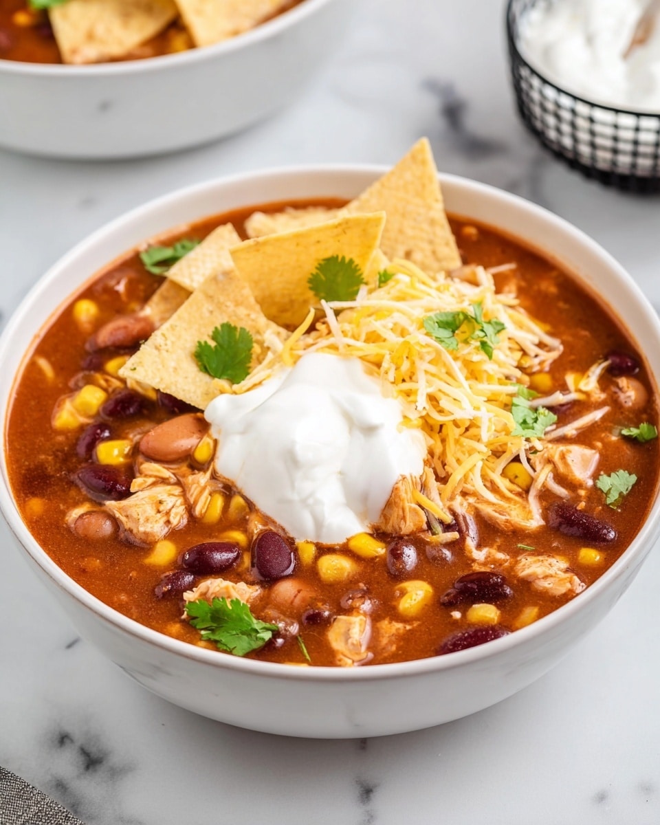 A white bowl filled with thick, reddish-brown chili soup containing light brown pinto beans, dark red kidney beans, yellow corn kernels, and chunks of light tan chicken. On top, there is a large dollop of white sour cream placed near the center. To the right of the sour cream, light beige broken tortilla chips cover part of the surface. Shredded yellow and white cheese is sprinkled over the sour cream and chips. Small bright green cilantro leaves are scattered over the chili and toppings. The bowl sits on a white marbled surface with a blurred white bowl of sour cream in a black grid cup partially visible in the background. photo taken with an iphone --ar 4:5 --v 7