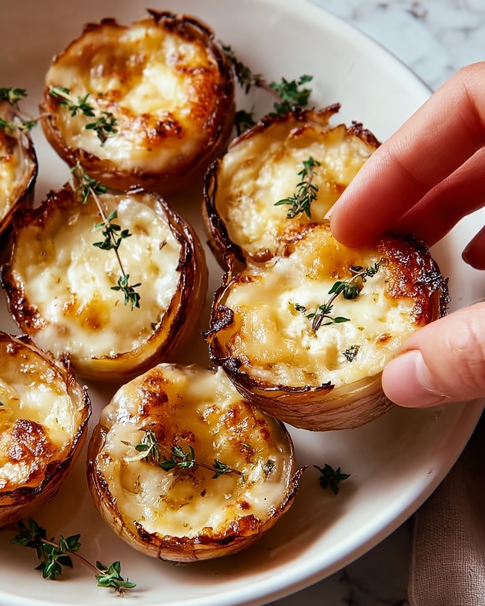 Four small round potato stacks sit on a white plate with a white marbled texture background. Each stack has several thin, crispy, golden-brown layers of potato that form a cup shape, with a smooth, creamy mashed potato filling topped with lightly browned melted cheese. Small sprigs of fresh green thyme are sprinkled on top of each stack. A woman's hand is gently picking up one of the potato stacks from the edge of the plate. Photo taken with an iphone --ar 4:5 --v 7