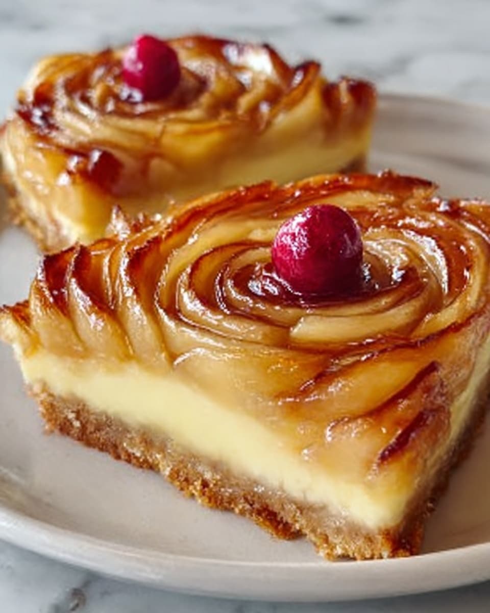 The image shows a close-up of a square slice of Danish pastry with three visible layers. The base is a golden-brown, flaky crust. On top of that is a thick, creamy yellow cheesecake layer that looks smooth and soft. The top layer has thinly sliced apples arranged in a rose shape, shining with a glossy, caramel glaze. Around the apple rose are small almond flakes scattered lightly. The background is a white marbled texture. photo taken with an iphone --ar 4:5 --v 7