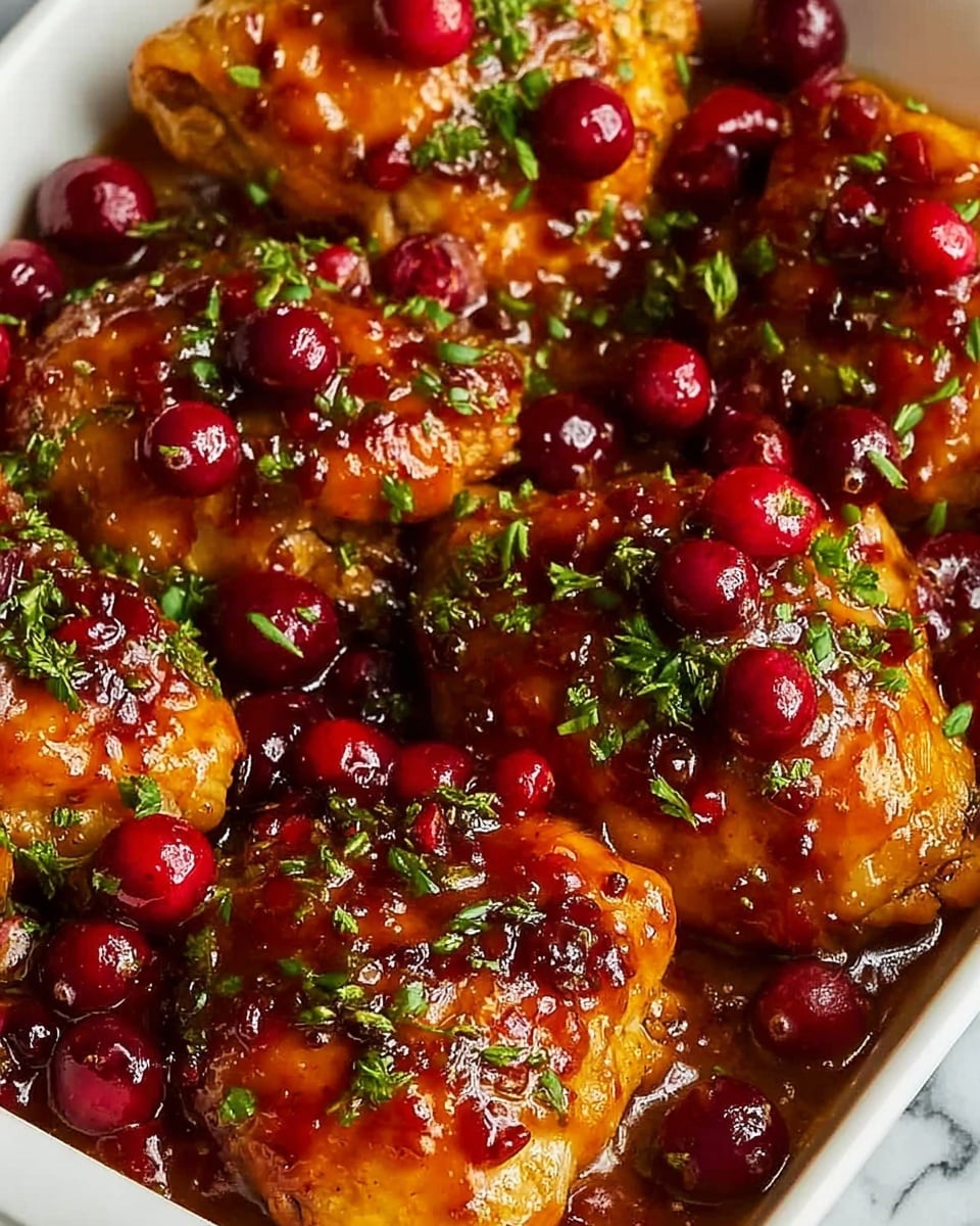 The image shows several pieces of golden brown cooked chicken thighs covered in a thick, shiny red cranberry sauce. The sauce has whole cranberries and small bits of chopped herbs sprinkled on top, adding bright green contrast against the rich red and orange hues of the chicken and sauce. The chicken is close together, filling the frame, with a glossy, moist look that makes the dish appear fresh and delicious. The dish is served in a white bowl placed on a white marbled surface. photo taken with an iphone --ar 4:5 --v 7
