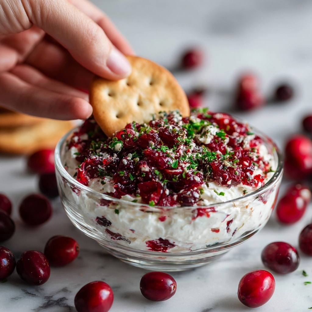 A woman's hand is dipping a round cracker into a clear glass bowl filled with a mixture. The mixture has a white creamy base topped with a dense layer of finely chopped red cranberries and small green herb bits evenly spread on top. The bowl is placed on a surface with scattered whole red cranberries around it, adding vibrant color contrast. The background is a white marbled texture. Photo taken with an iphone --ar 4:5 --v 7