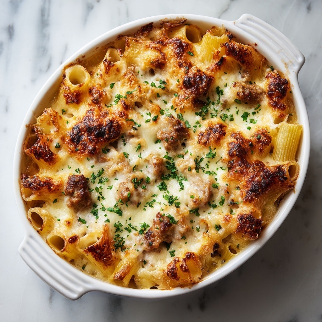 A close-up view of a baked pasta dish in a white ribbed oval baking dish, showing a golden-brown melted cheese layer with bubbly, slightly charred spots on top scattered with small chopped green herbs. Beneath the cheese layer, you can see pale yellow pasta tubes mixed with chunks of light brown cooked meat, all baked together to an inviting texture. The dish sits on a white marbled surface. photo taken with an iphone --ar 4:5 --v 7