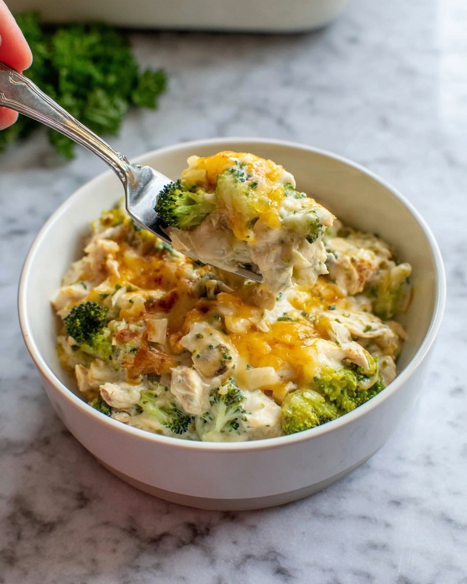A white bowl filled with a creamy, layered casserole dish is shown. The top layer has melted, lightly browned cheese with golden patches, mixed with tender green broccoli florets and chunks of pale chicken. Beneath the top, there is a thick, creamy sauce that covers cooked broccoli and light brown mushrooms, with small bits of green herbs sprinkled throughout. A silver fork held by a woman's hand lifts a portion, showing the soft, rich textures and mixed layers of cheese, chicken, broccoli, and sauce. The bowl sits on a white marbled surface with hints of green herbs nearby. photo taken with an iphone --ar 4:5 --v 7