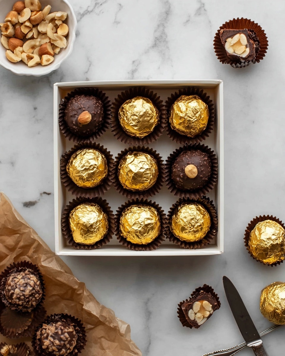 A white box containing nine round chocolates wrapped in shiny gold foil with dark brown paper cups inside, one chocolate with the foil partially removed showing a dark chocolate outer layer with a rough texture and a hazelnut in the center, next to the box on a white marbled surface are dark chocolate truffles with a rough nutty texture and cross-sections revealing whole hazelnuts, a white bowl with cut hazelnuts on the left side, and a silver knife near some halved truffles on the bottom right. photo taken with an iphone --ar 4:5 --v 7