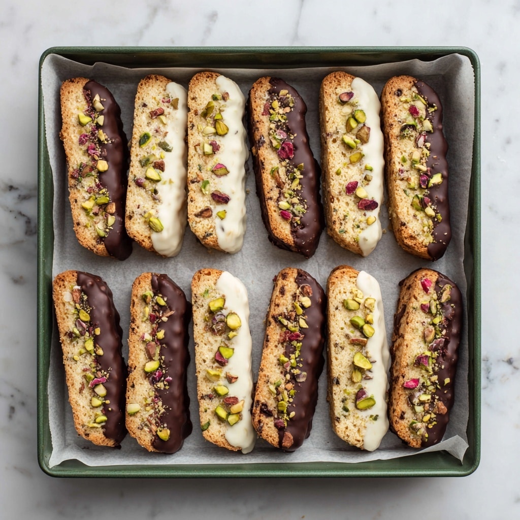 The image shows several biscotti pieces arranged closely on a white marbled surface. Each biscotti is elongated and light brown with visible green pistachio nuts embedded evenly throughout the biscuit. Half of each biscotti is dipped either in smooth dark chocolate or creamy white chocolate, with roughly chopped pistachios and orange zest sprinkled generously on top of the dipped section. The biscotti have a crunchy texture and are laid out in neat rows, some facing left and others right, creating a repeating pattern. photo taken with an iphone --ar 4:5 --v 7
