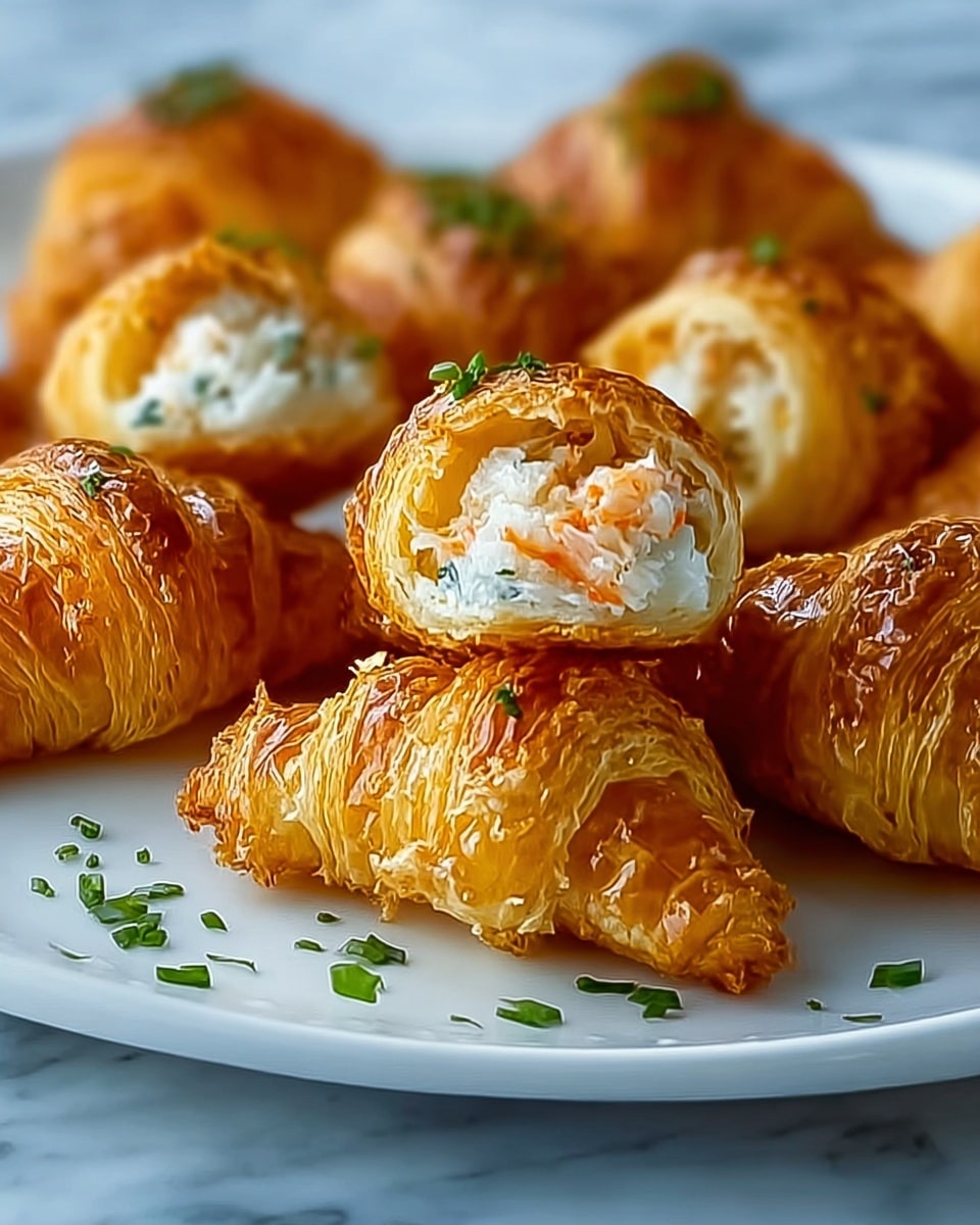 The image shows small, golden-brown croissant-shaped pastries on a white plate with a white marbled surface underneath. Each pastry has crispy, layered outer dough with a shiny baked texture, and inside they reveal a soft filling of white and orange, likely seafood or crab meat. The pastries are garnished with small green herb pieces scattered on top and around them, adding freshness and color contrast. The dish looks warm and inviting, with a clear focus on the details of the flaky crust and the filling inside. photo taken with an iphone --ar 4:5 --v 7
