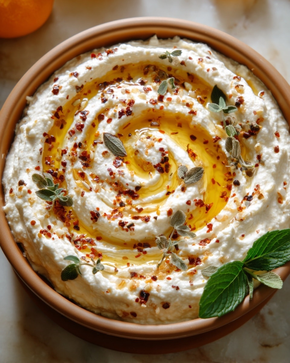A close-up view of a white ceramic bowl filled with a creamy, white dip that has a thick and whipped texture. The dip is swirled in a circular motion, creating soft peaks and valleys. On top of the dip, there is a drizzle of golden olive oil and small bits of a reddish-brown topping, likely spices or cooked vegetables, scattered mostly in the center and along the edges. Small green herb leaves are placed as a garnish, adding a fresh touch. The bowl sits on a white marbled surface, with blurred orange and white items visible softly in the background. photo taken with an iphone --ar 4:5 --v 7
