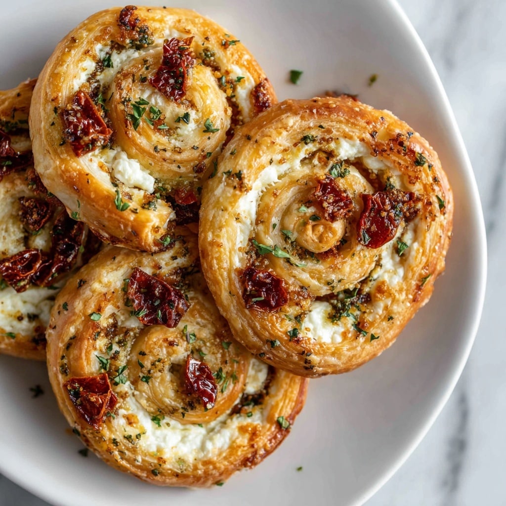 The image shows several puff pastry swirls on a white plate, each with two main layers: a golden brown, flaky puff pastry base forming the spiral, and a white creamy cheese filling spread thickly within the swirls. Scattered on top are bright red dried cranberries and small green herb pieces, possibly chives or rosemary, adding color and texture contrast. The pastries look slightly glossy with a light dusting of white powder, possibly powdered sugar, giving a delicate finish. The white plate sits on a white marbled surface. photo taken with an iphone --ar 4:5 --v 7