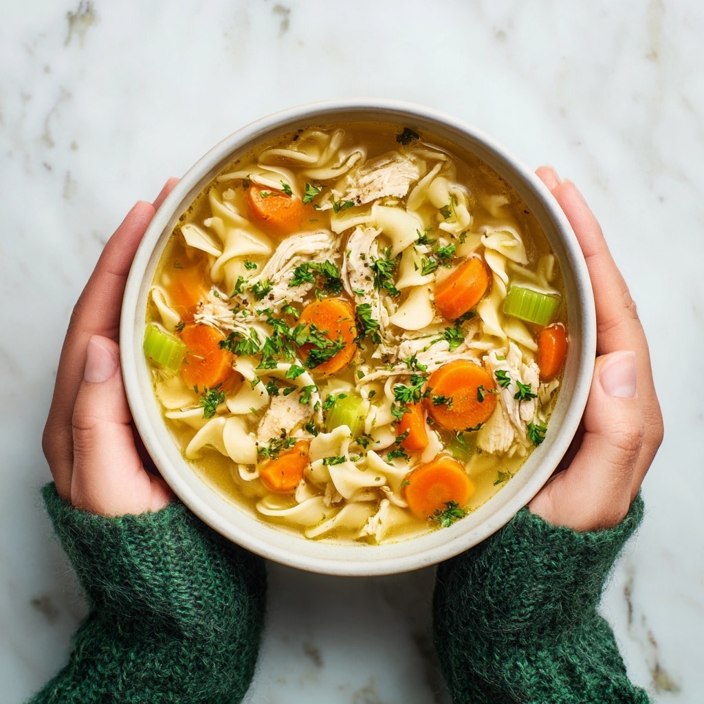 A white bowl filled with slow cooker chicken noodle soup is held by two hands wearing a green knitted sweater. The soup has three layers: at the bottom is a clear golden broth, above it are soft beige egg noodles twisted and spread around, and on top are pieces of light-colored cooked chicken, bright orange carrot slices, translucent green celery slices, and small green parsley flakes sprinkled evenly. The bowl is centered on a white marbled surface. photo taken with an iphone --ar 4:5 --v 7