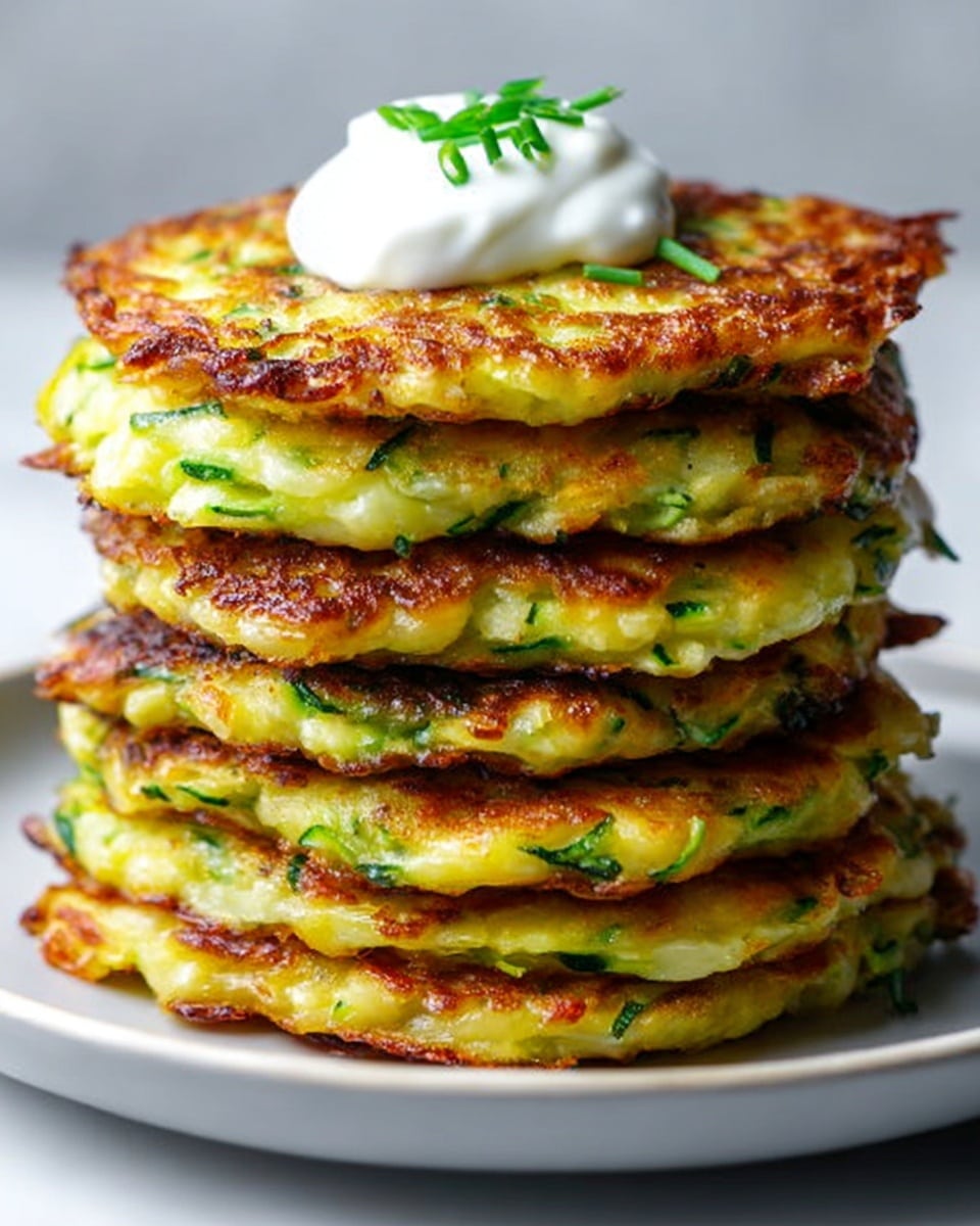 A close-up view of a stack of six golden-brown zucchini fritters, each layer showing a crispy, slightly uneven texture with green bits of zucchini visible inside. The fritters have light and dark brown spots from frying, and the top fritter is topped with a dollop of white sour cream and a small green herb leaf. The stack sits on a white plate, placed on a white marbled surface. The image has bright, natural lighting highlighting the crispy edges. Photo taken with an iphone --ar 4:5 --v 7