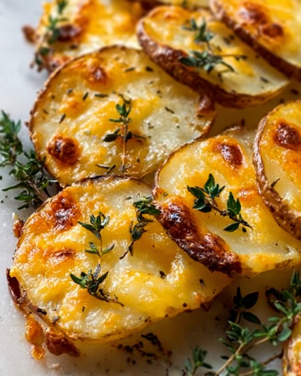 The image shows a close-up of thinly sliced potatoes arranged in overlapping layers, each slice golden brown with slightly crisped edges. The potato slices are topped with melted cheese that is bubbly and light yellow with browned spots. Small green leaves of fresh herbs, possibly thyme, are scattered on top, adding a touch of color and freshness. The dish sits on a white marbled surface, and the overall look is warm, crispy, and inviting. Photo taken with an iphone --ar 4:5 --v 7