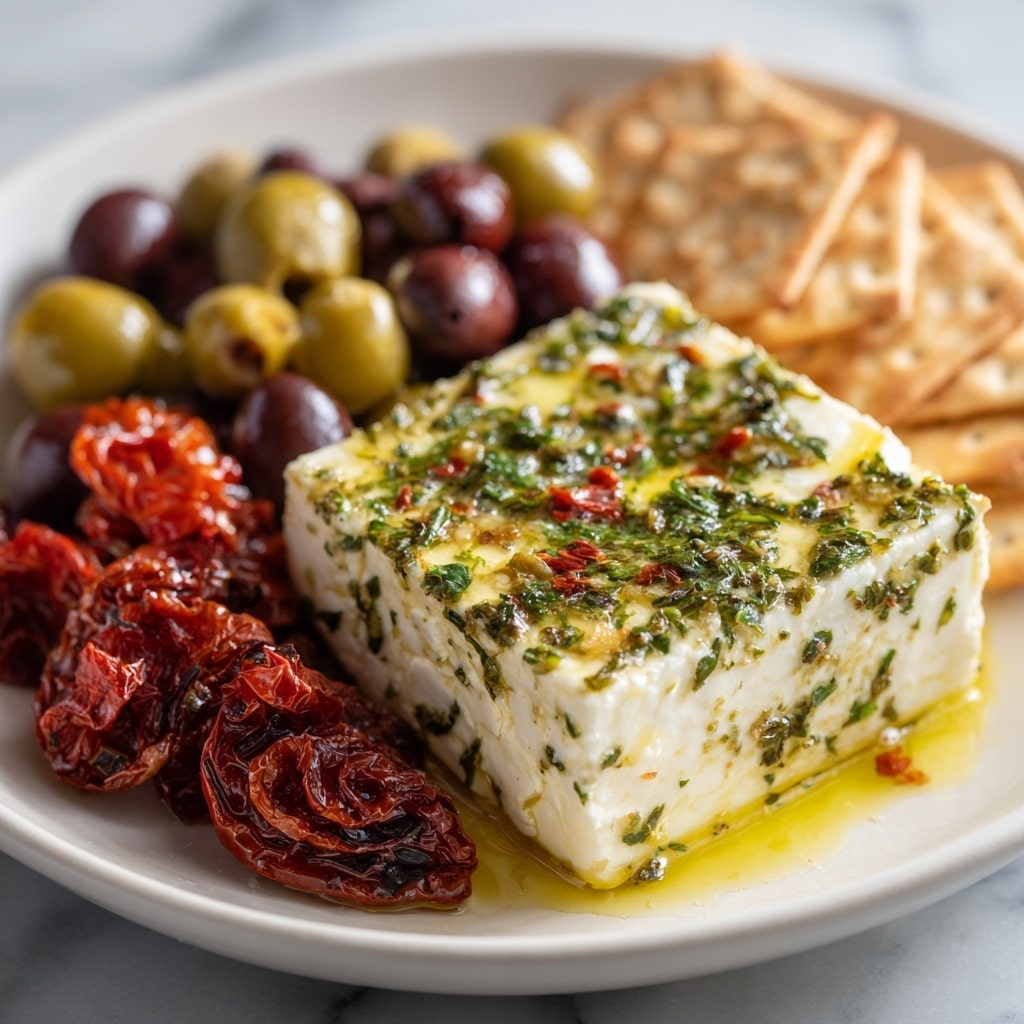 A white oval plate on a white marbled surface holds a colorful mix of Mediterranean food. In the center is a thick, rectangular block of white feta cheese, topped with green herbs and small bits of red seasoning, all drizzled with olive oil. On the left side of the cheese is a pile of dark red sun-dried tomatoes with a slightly wrinkled texture. On the right side, there are two groups of olives: one group is shiny green olives with a smooth surface, and the other is a smaller cluster of dark brown olives. At the top right section are several light brown crackers arranged neatly. The overall colors are bright and fresh with a mix of red, green, white, and light brown tones. photo taken with an iphone --ar 4:5 --v 7