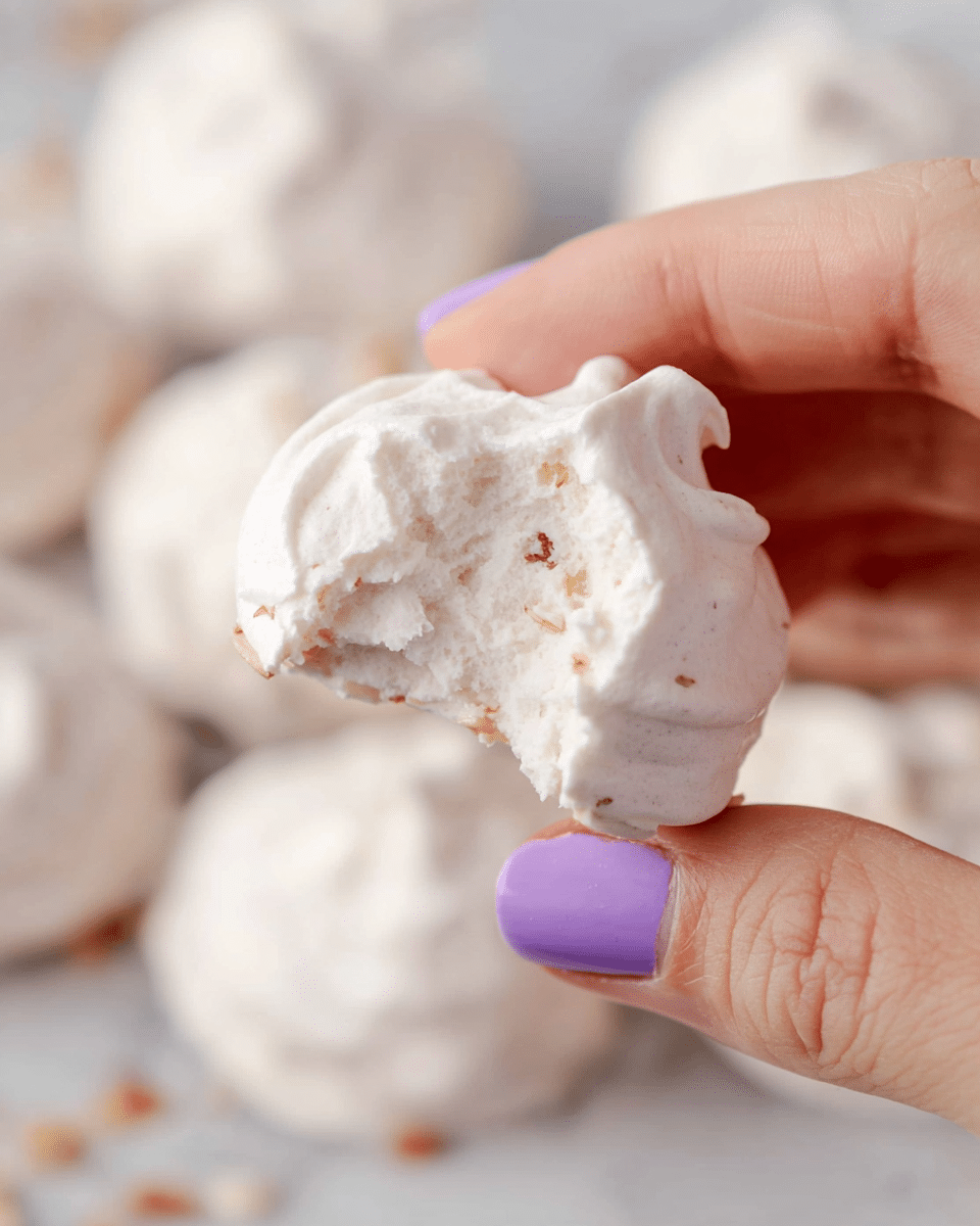 A close-up shows a woman's hand with light skin and nails painted with purple nail polish, holding a small, round, white meringue cookie that has small nut pieces visible inside it; the meringue has a rough, soft texture with a bite taken out of the side, and several similar white meringue cookies are blurred in the background on a white marbled surface. photo taken with an iphone --ar 4:5 --v 7