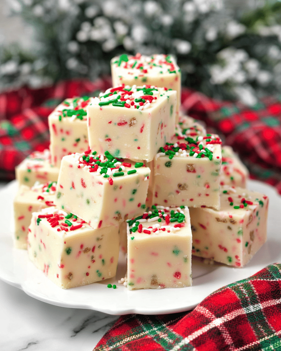 A stack of nine square white fudge pieces sits on a white plate placed on a white marbled surface. Each fudge piece has a smooth creamy white base dotted with small red, green, and white round and rod-shaped sprinkles mixed throughout. The top of each fudge piece is covered with a thick layer of white frosting decorated heavily with red and green round sprinkles, along with some white sprinkle bits. Behind the plate is a blurred background with a red, green, and white plaid cloth adding a festive look. Photo taken with an iphone --ar 4:5 --v 7