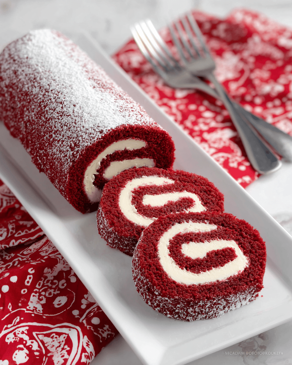 A red velvet cake roll sliced into three pieces on a long white plate, showing three layers: a deep red soft cake outer layer, a creamy white middle layer, and a thin layer of red cake swirl inside; the roll is dusted lightly with white powdered sugar on top; the background has a white marbled texture with a red cloth featuring white patterns and two silver forks placed next to the plate. photo taken with an iphone --ar 4:5 --v 7