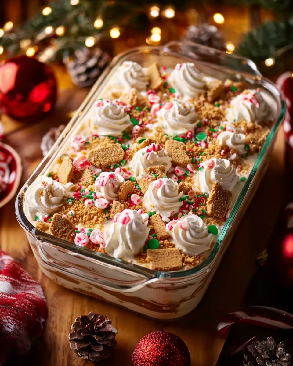 A clear glass rectangular dish filled with a festive dessert showing multiple layers, the bottom layer is not fully visible but topped generously with white whipped cream forming small swirls, scattered crushed golden cookie bits shaped like gingerbread and tiny peppermints with red and white stripes. The surface is covered with colorful round sprinkles in red, green, pink, and white, alongside small chunks of brown cookie pieces. The dish is placed on a warm wooden surface, decorated with Christmas-themed elements like pine cones and red baubles, all set against a softly lit background with hints of pine branches and warm fairy lights. Photo taken with an iphone --ar 4:5 --v 7