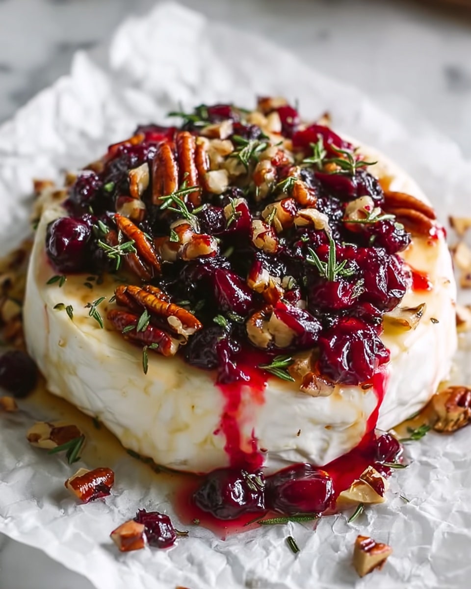 A round, creamy white cheese wheel sits on crumpled white parchment paper over a white marbled surface, topped with a thick layer of glossy dark red berry compote that drips slightly down the sides. Scattered on top of the compote are crunchy pecan halves and bits, along with fresh green thyme sprigs adding a touch of color and texture contrast. The cheese's smooth surface is partly covered in the syrupy berry sauce, creating a rich, inviting look with deep reds and natural browns. photo taken with an iphone --ar 4:5 --v 7