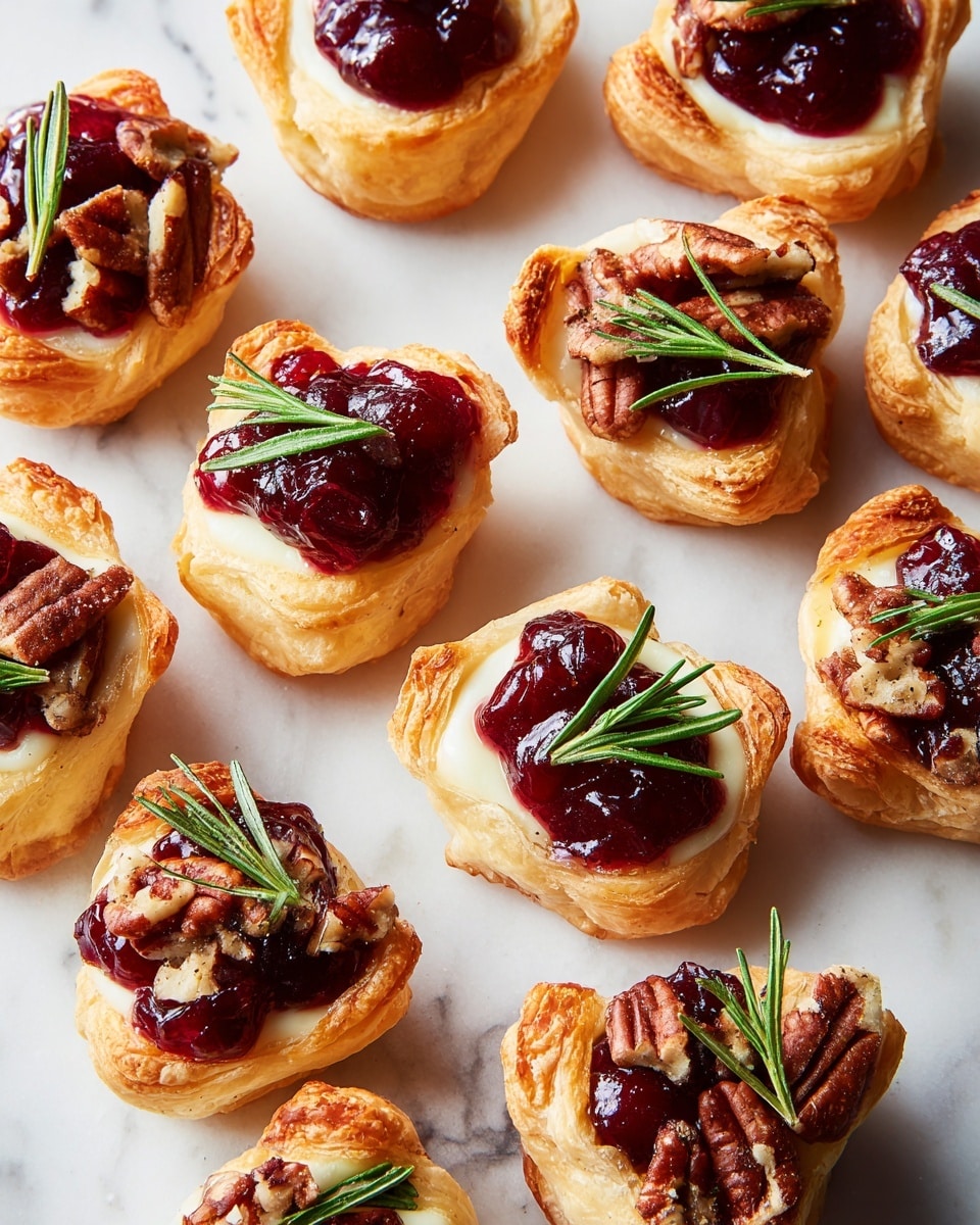 Mini pastry cups are arranged on a white marbled surface, each with three visible layers: a golden-brown flaky crust forming a cup shape at the base, a creamy white melted cheese filling in the center, topped with a bright red dollop of cranberry sauce, a few small brown pecan pieces, and a small sprig of fresh green rosemary placed on top for garnish. The pastries have irregular yet cozy shapes, with some sauce slightly dripping over the edges and small crumbs scattered around. photo taken with an iphone --ar 4:5 --v 7