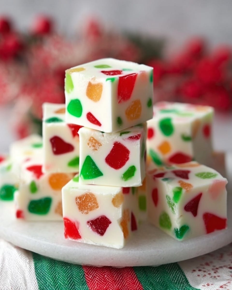 The image shows several small square pieces of white fudge with colorful red and green chunks inside. Each fudge square has a smooth, creamy white base with irregular shapes of bright red and green embedded throughout, giving a festive look. The cubes are stacked on a white plate, with some pieces leaning against each other. The background is soft and blurry with hints of red and green, and the plate rests on a cloth with red, white, and green stripes on a white marbled surface. photo taken with an iphone --ar 4:5 --v 7