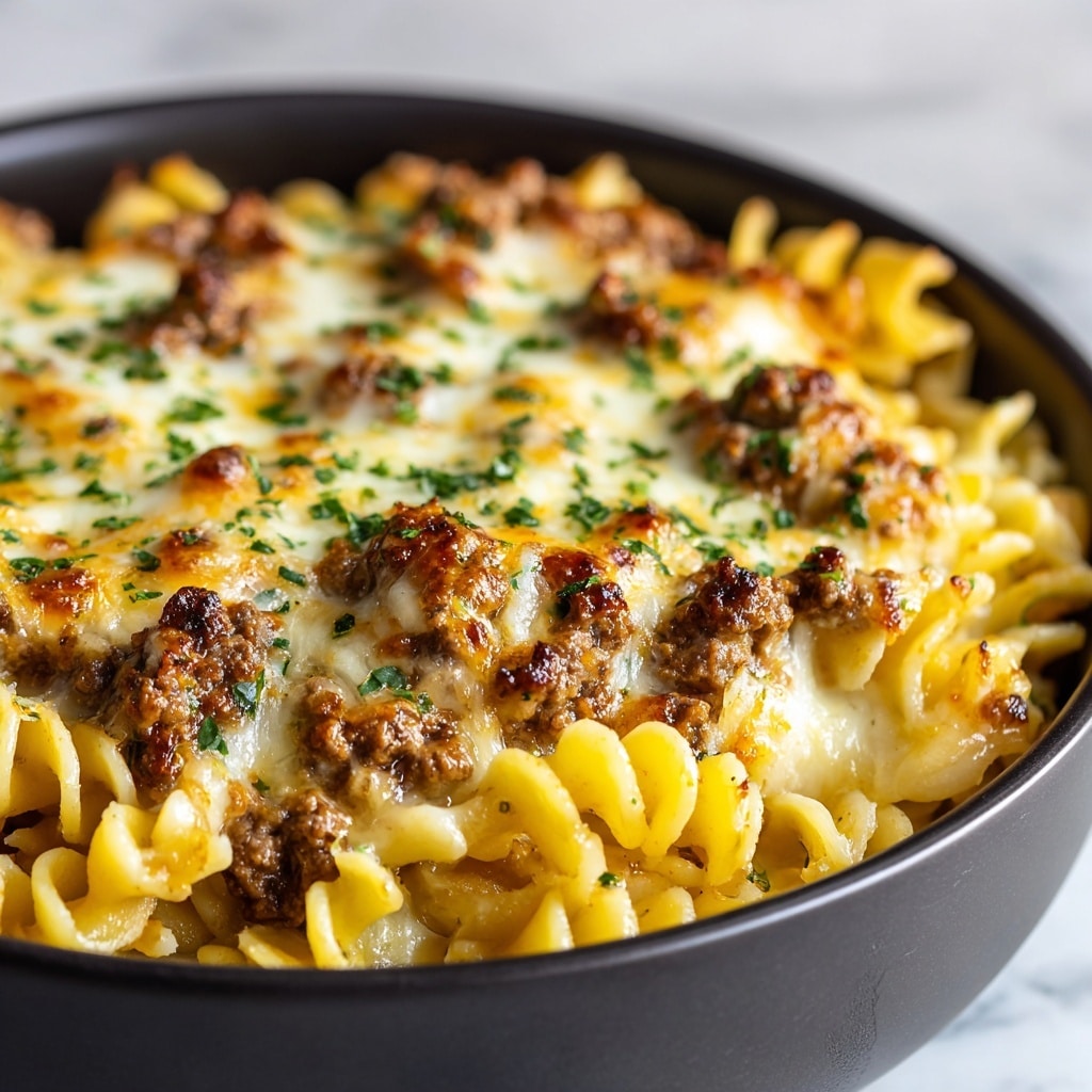 A close-up view of a baked pasta dish with three visible layers: the bottom layer has yellowish pasta with wavy edges, the middle layer shows browned ground meat mixed in with the pasta, and the top layer is melted, golden-brown cheese with small green herb sprinkles spread evenly across it. The food is inside a black bowl, set on a white marbled texture background. photo taken with an iphone --ar 4:5 --v 7