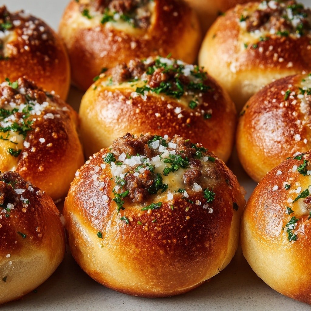 The image shows several cheesy meat sliders arranged closely together on a white marbled surface. Each slider has three visible layers: a soft, shiny, golden brown top bun sprinkled with small bits of crispy crumbs and finely chopped green herbs, a middle layer of melted white and orange cheese mixed with browned, juicy ground meat, and a soft, slightly toasted light golden bottom bun. The cheese slightly oozes out between the buns, adding a rich texture contrast. The sliders look warm and freshly baked, with a glossy finish on the buns that reflects the light. photo taken with an iphone --ar 4:5 --v 7