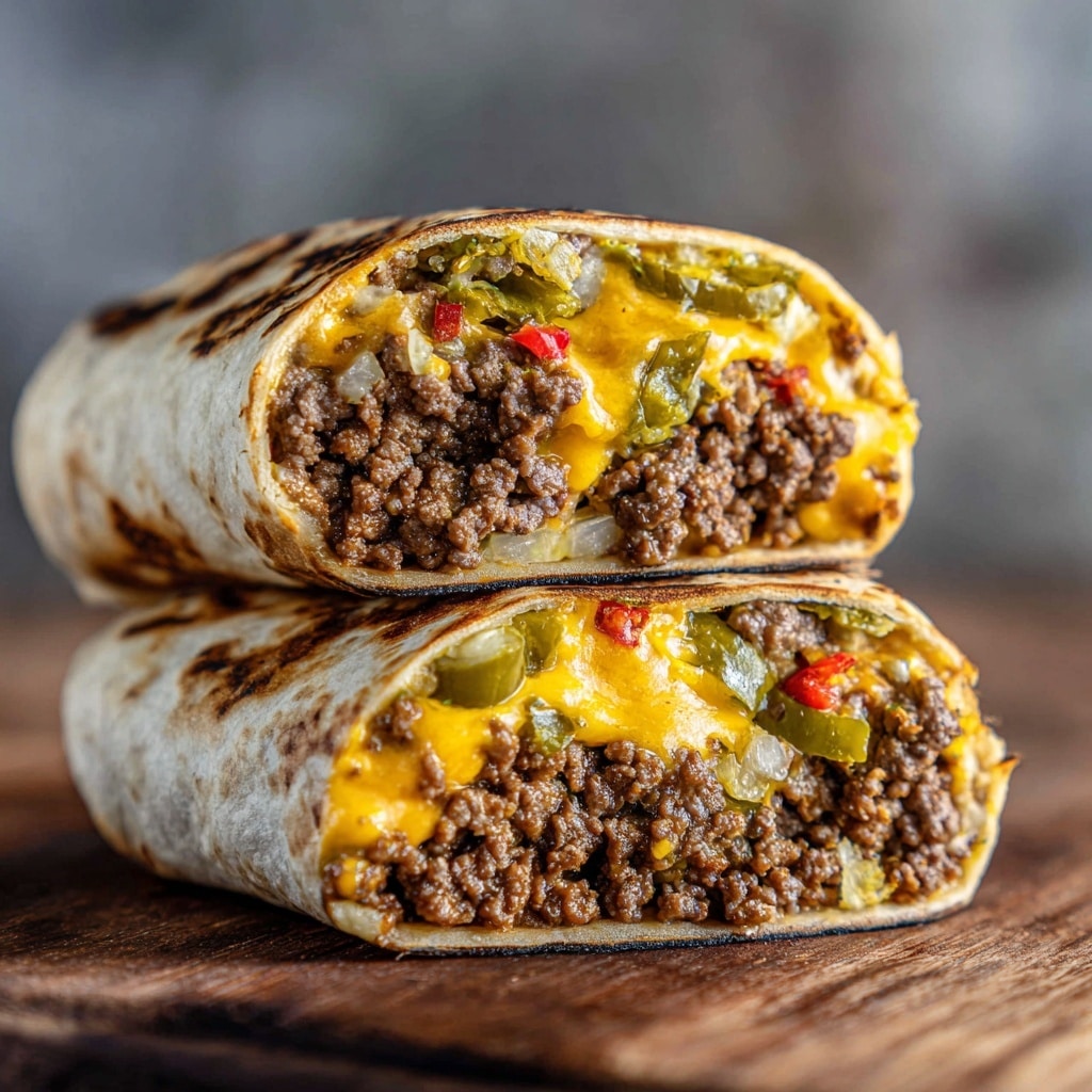 Two folded tortillas stacked on a wooden board, each filled with three visible layers; the bottom layer is green pickles with smooth, shiny texture, the middle layer is bright red diced tomatoes, and the top layer is melted yellow cheddar cheese covering browned ground beef with a crumbly texture. The tortillas are toasted with light golden brown spots and slightly crisp edges. The background shows a white marbled texture. photo taken with an iphone --ar 4:5 --v 7