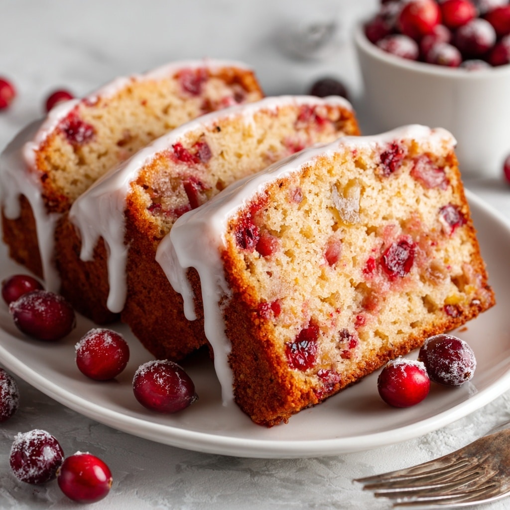 A loaf of moist cranberry bread is shown on a metal cooling rack placed on a white marbled surface. The bread has a golden-brown crust with irregular white icing drizzled thickly over the top, dripping slightly down the sides. Two thick slices are cut from the loaf, revealing a soft, textured inside speckled with small, bright red cranberries distributed evenly throughout. The top of the slices has a layer of white icing, matching the drizzle on the loaf's top. Fresh cranberries are scattered near the cooling rack. Photo taken with an iphone --ar 4:5 --v 7