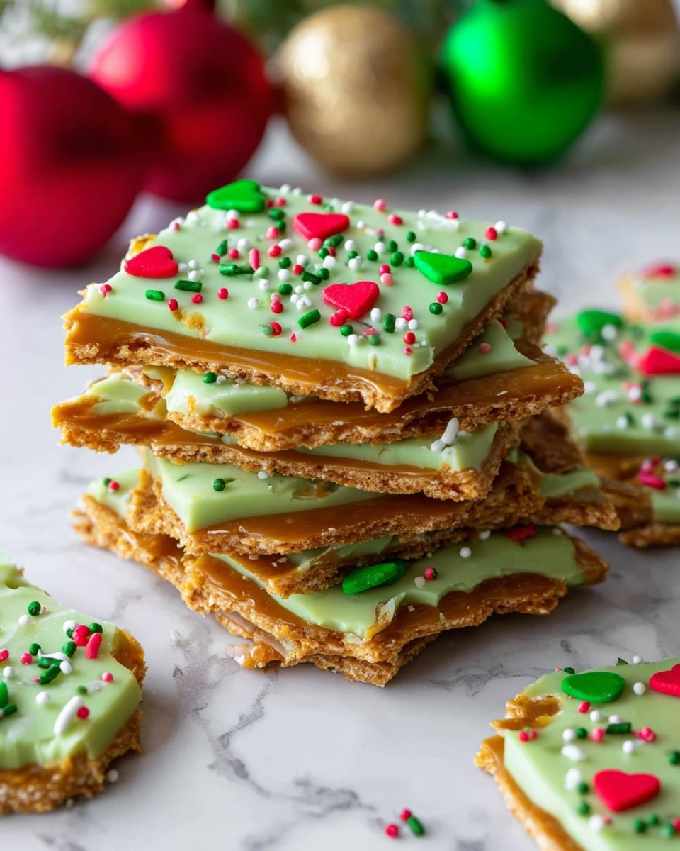 The image shows a stack of brittle pieces that have three main layers. The bottom layer is a shiny golden brown caramel layer with a crunchy texture. Above this is a rough, uneven light brown cracker or toffee base. The top layer is a smooth, pale green coating that looks like white chocolate or candy melts, decorated with colorful sprinkles including small round dots, green sprinkles, and bright red heart shapes scattered on the surface. Some pieces lie flat around the stack on a white marbled surface, and Christmas ornaments in red, green, and gold are blurred in the background. Photo taken with an iphone --ar 4:5 --v 7