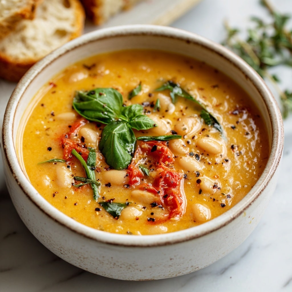 A close-up of a white rustic bowl filled with thick orange bean soup, showing plump, soft white beans and whole cooked cherry tomatoes scattered throughout the soup. The surface is sprinkled with chopped green herbs and cracked black pepper. A shiny silver spoon is partly dipped in the soup on the right side of the bowl, with fresh green basil leaves resting on top near the spoon. The bowl sits on a white marbled surface with a white cloth featuring a brown pattern beside it. Photo taken with an iphone --ar 4:5 --v 7