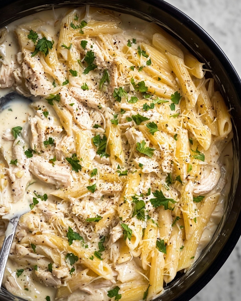 This close-up image shows a creamy pasta dish in a black pan, filled with three main layers: the bottom layer is a smooth, white creamy sauce, the middle layer is pale yellow penne pasta scattered around, and the top layer has white shredded chicken mixed into the sauce. Fresh green parsley leaves and coarse black pepper are sprinkled evenly over the dish, adding color contrast. The creamy sauce also has some cheese shavings spread throughout, giving a slightly textured look. The spoon is partly visible on the left side, slightly dipped into the pasta. The whole scene is set on a white marbled surface. photo taken with an iphone --ar 4:5 --v 7