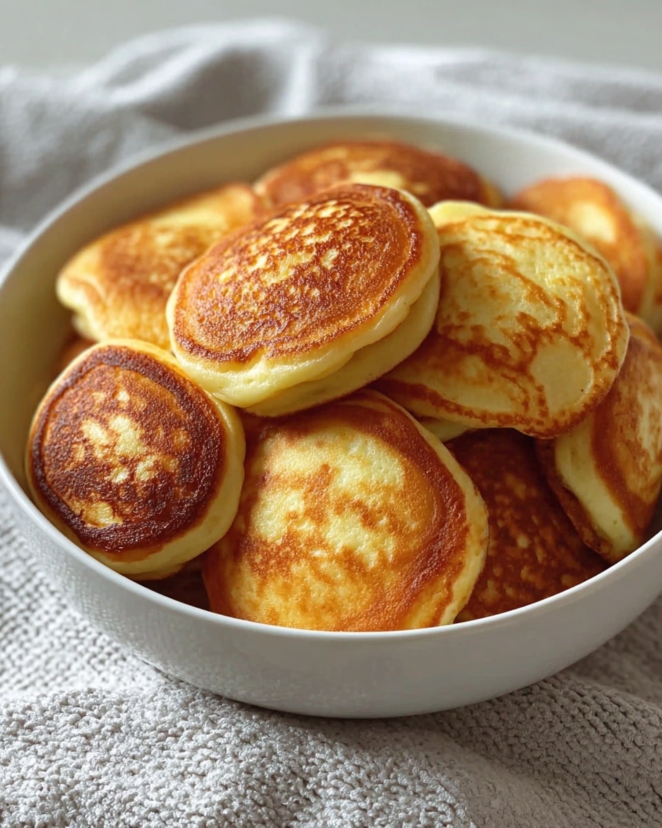 A white bowl filled with a pile of round, golden-brown pancakes that have a slightly crispy, browned surface and a soft, fluffy texture inside. The pancakes are stacked unevenly, showing their puffed-up, light interior in some places. The background is a white marbled surface, giving a clean and fresh look. photo taken with an iphone --ar 4:5 --v 7