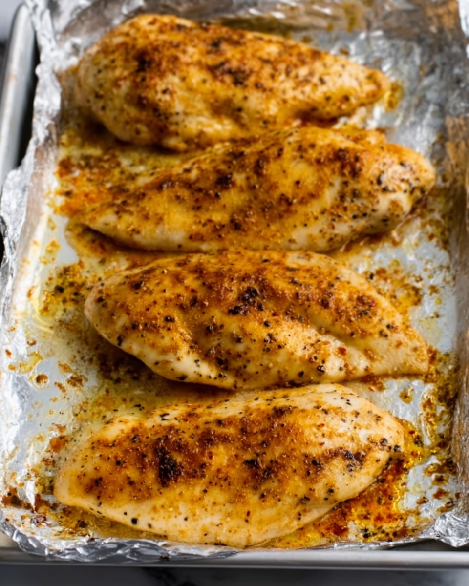 The image shows four cooked chicken breasts on a white baking tray covered with shiny silver foil. The chicken breasts have a golden brown color with black specks of pepper and seasoning all over. The texture of the chicken looks juicy and slightly crispy on the edges. The foil underneath has some oil and browned spots from cooking. The background is a white marbled surface. photo taken with an iphone --ar 4:5 --v 7