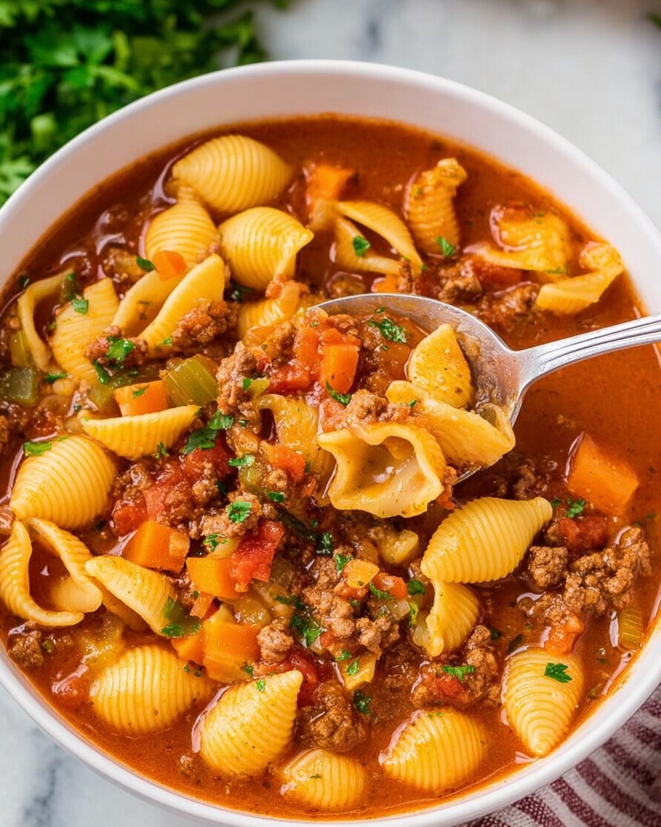 A white bowl filled with a thick, warm soup showing three layers: the top layer features large curved shell pasta in pale yellow with ridges, the middle layer shows chunks of browned ground meat and small pieces of orange carrot, all mixed in a rich tomato-based red broth, and the bottom layer consists of more visible herbs scattered lightly across the pasta. A silver spoon rests inside the bowl, partly lifting some pasta and soup, while a woman's hand holds the spoon. The bowl sits on a white marbled textured surface, with green leaves blurred in the background. photo taken with an iphone --ar 4:5 --v 7