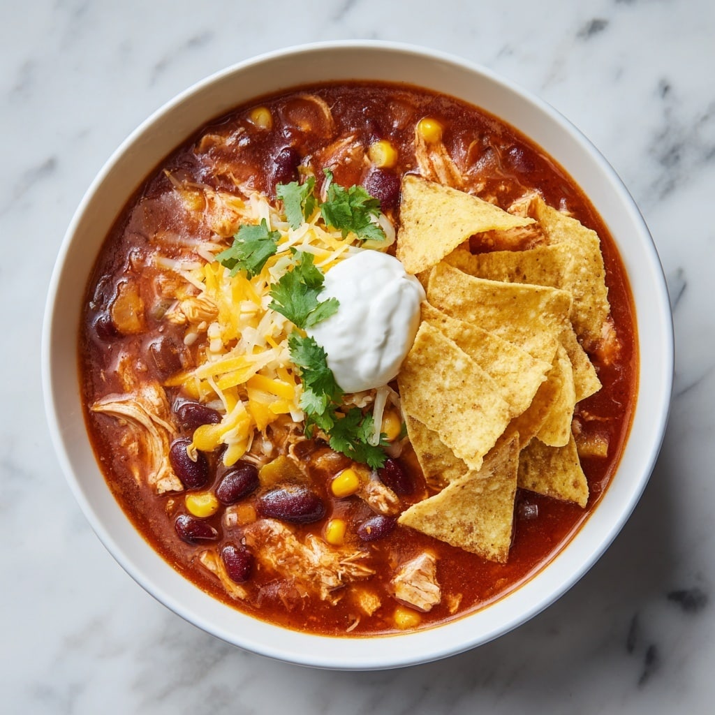 A white bowl filled with a thick reddish-brown chili soup that has visible chunks of light pink chicken, black and light brown beans, and yellow corn throughout. On top of the chili, there is a dollop of white sour cream placed slightly off-center, with light yellow and white shredded cheese scattered nearby. Crispy, light yellow tortilla chips are piled on one side of the bowl, garnished with green cilantro leaves. The bowl sits on a white marbled surface. photo taken with an iphone --ar 4:5 --v 7